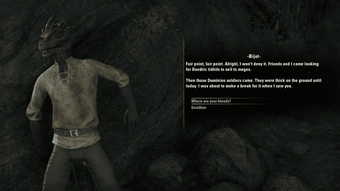 Bijot, an Argonian skulking about The Skin-Stealer's Lair in The Elder Scrolls Online. He has a proposal for you.