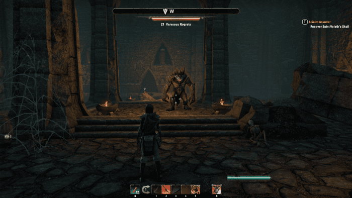 Facing off against a Varvesuu Nograta, a demon of terrible power hiding in the Shrine of Saint Veloth during the A Saint Asunder quest in The Elder Scrolls Online.
