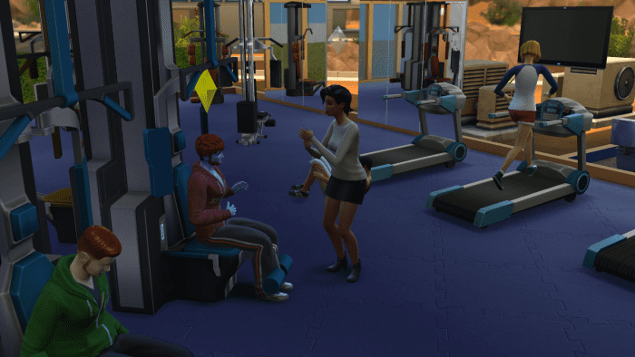 Two sims getting to know each other at the gym in "The Sims 4."