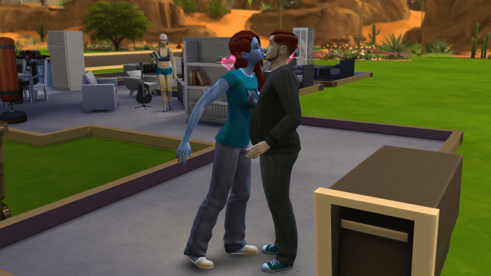 Two sims getting romantic in "The Sims 4." Amorous sims can become boyfriend / girlfriend, and eventually they can get married.