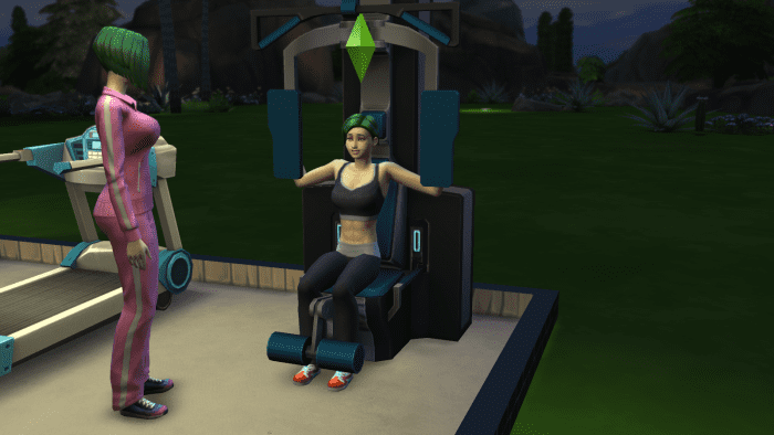 Here's a sim on a weight machine, working on her Fitness skill. Note how sims become more toned as they work out.