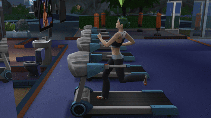 Here's a sim on a treadmill at the local gym. Sims can work out for free at a gym in "The Sims 4," which is wise if you're strapped for cash.