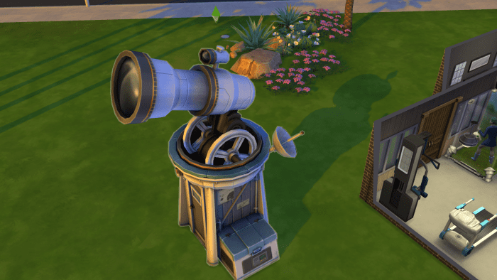 This is a telescope being used by a Sim in "The Sims 4". Like microscopes, telescopes offer up extra goodies and can earn you a decent living with enough work.