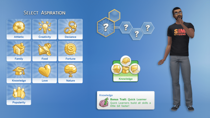You choose your Sim's Aspiration when you create them, but you can change it at any time during the game.