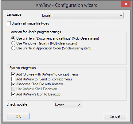 The initial configuration screen for XnView, click OK to accept the default values.