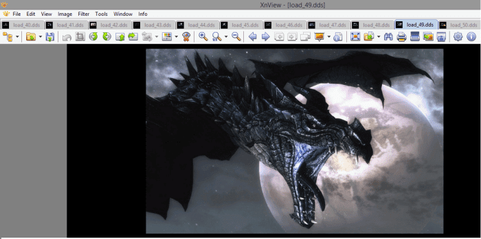 XnView showing the contents of a texture file in "Skyrim" from the mod VictoriaG Load Screens.