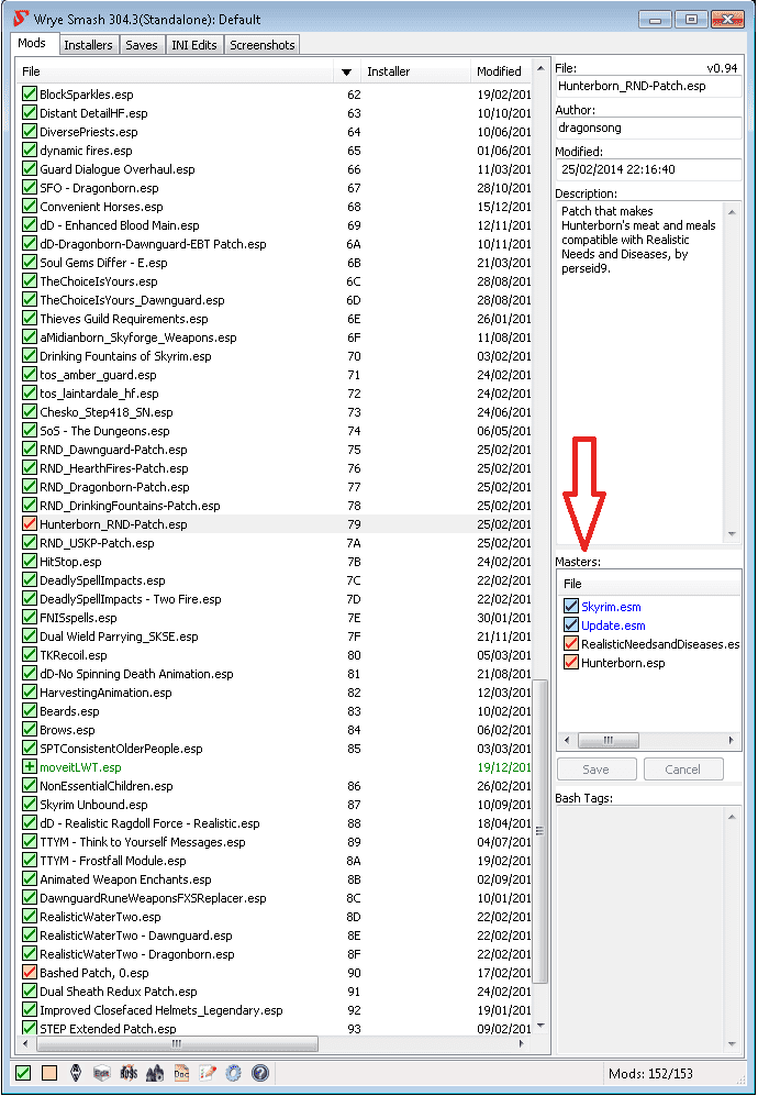 An example of a Skyrim mod that has incorrectly ordered Master Files which has been found and fixed using Wyre Bash.