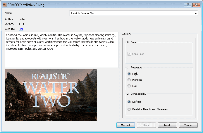Mods with installers will need to be installed using a Mod Management Tool such as Nexus Mod Manager or Mod Organizer.