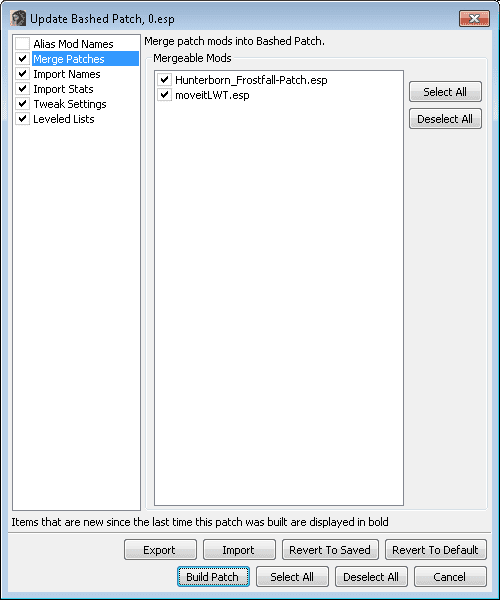 Creating a Bashed Patch using Wyre Bash to combine Skyrim mods together.