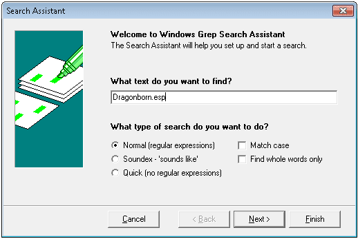 First, tell Windows Grep what we are going to ask it to find inside the files of our "Skyrim" install folder.