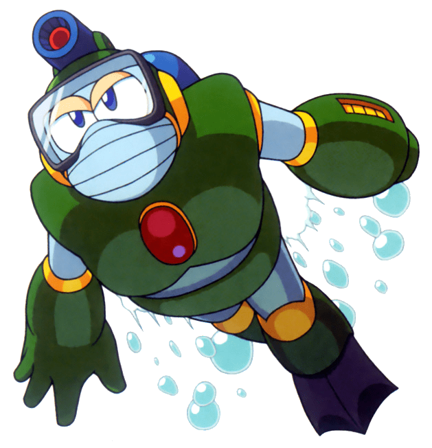 Bubble Man has the versatility of shooting bubbles from his arm cannon and head gun and a buster shot from his arm cannon.