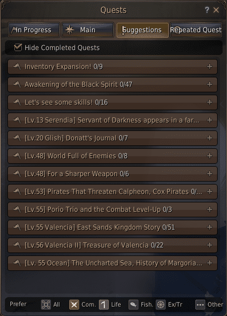 A list of important quests. At the bottom you can see the six tabs which open access to all the quests in Black Desert Online.