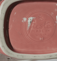 Proven trademarkings "Fiesta" written in Script, the raised 'H" to show a Post 1986 piece made on an old mold, Made in USA