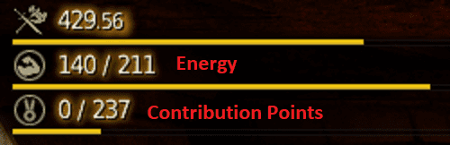 In the top left corner, you can see your energy and contribution points. The image shows 141 energy available of a total of 211 and 0 contribution points of a total of 237.