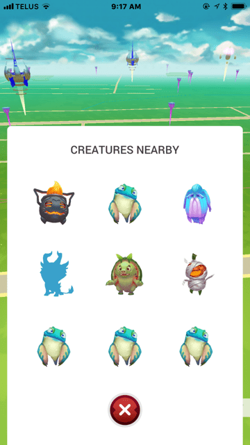 In this view all the colored creatures I have captures before and the creature that is just a shadow, I did not have yet.