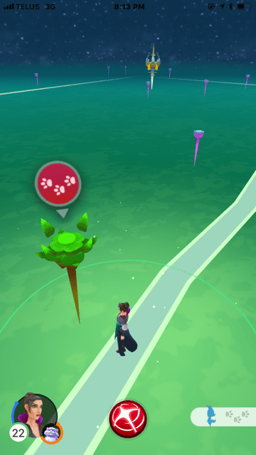 In this view you can see the creature in the bottom left is only a shadow. I have not caught one before. After clicking on the creatures shadow the red circle with the footprints will appear over a Pillar of Abundance. Where the creature is.