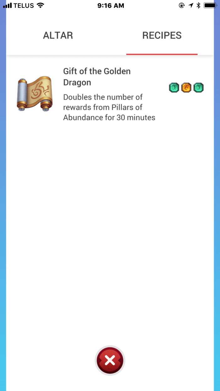 In this view, in order to use the Gift of the Golden Dragon. I would need two green runes and one orange.