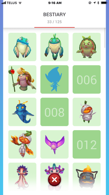 All of the colored in creatures in this view are ones that I have captured before. The creature that appears as a shadow, I have seen but I have not caught yet. The squares with just numbers are all the creatures that I have not yet seen or caught.