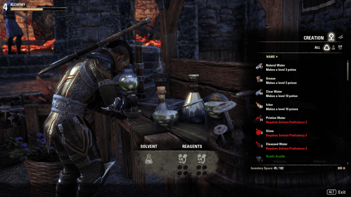 This is the alchemy screen. For each batch you need a solvent and two plants that act as reagents. You can see from my level that I am a beginner alchemist.