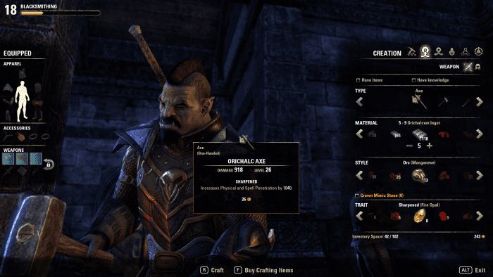 This is the blacksmithing screen. It shows the items required to make an axe. It is similar to that of the other weapon and armor crafting disciplines.