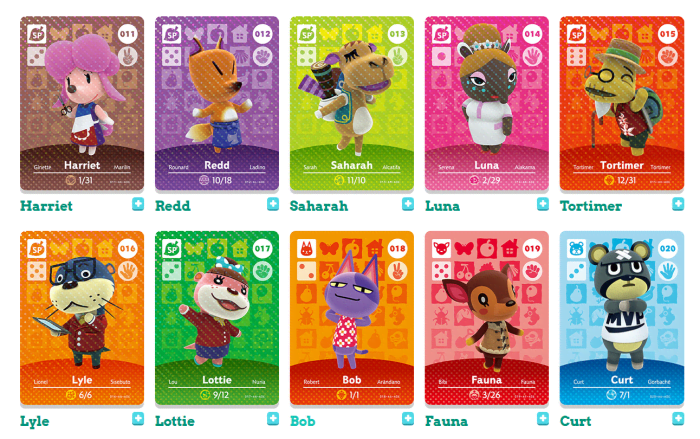 A small sampling of the many Animal Crossing Amiibo cards available to collect.