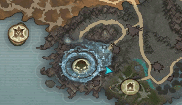 Abyssal Lord spawns at the skull, the vendor to upgrade weapons is where the blue arrow is.