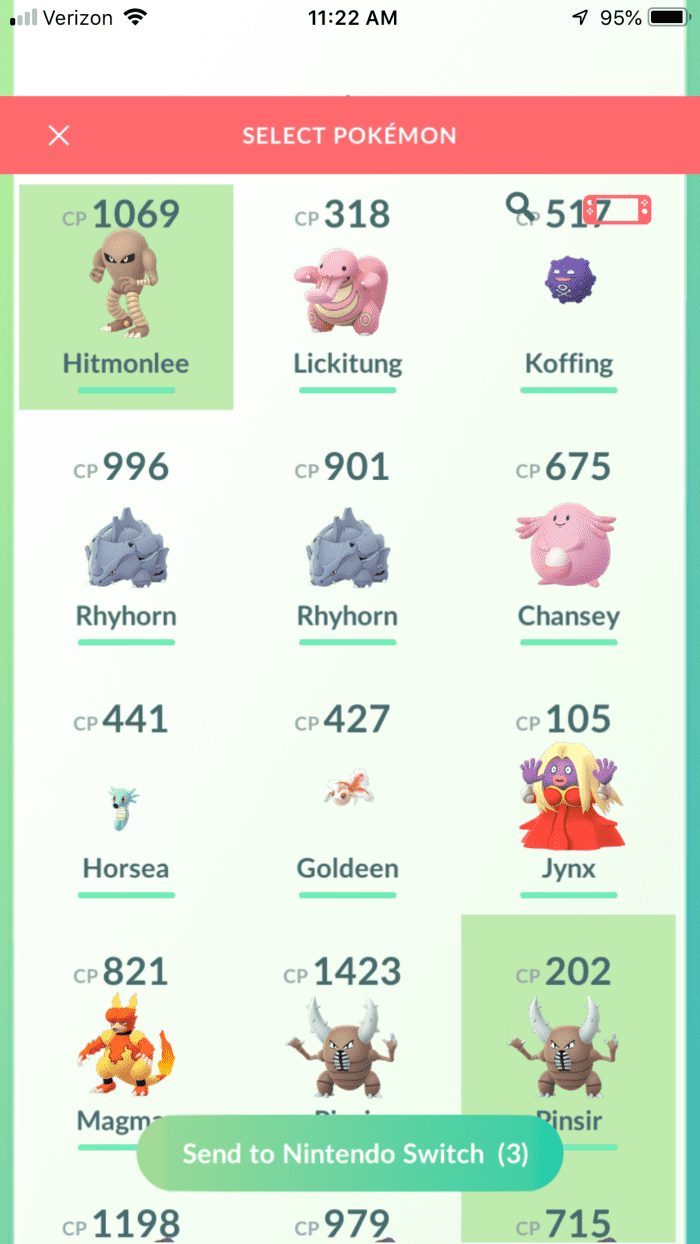 Selecting Pokemon in Pokemon Go to transfer to the Nintendo Switch.