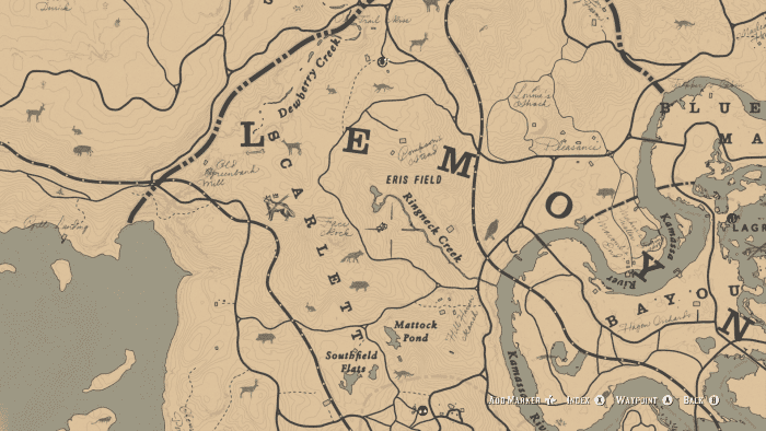 This spot here, north of Rhodes, is where you can usually find Opossums during the Evening. You can find them in other areas of the game world, such as West Elizabeth.