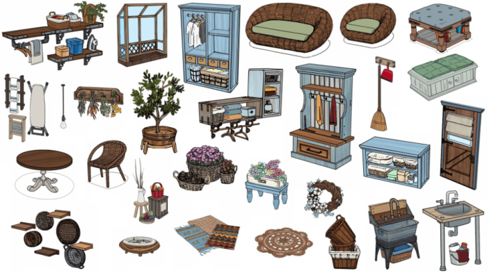 An illustration of all the objects that fans voted for to be The Sims 4 Laundry Day Stuff Pack.