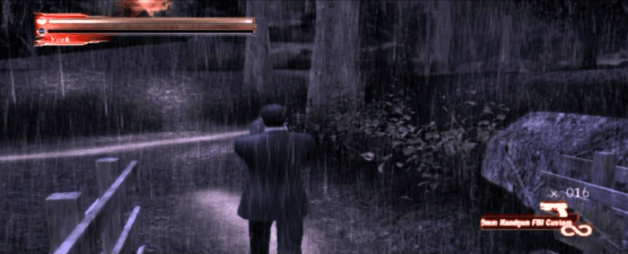 Francis York Morgan in the Wood Path segment of Greenvale. Note the red user interface which replaces the white one from the original release.