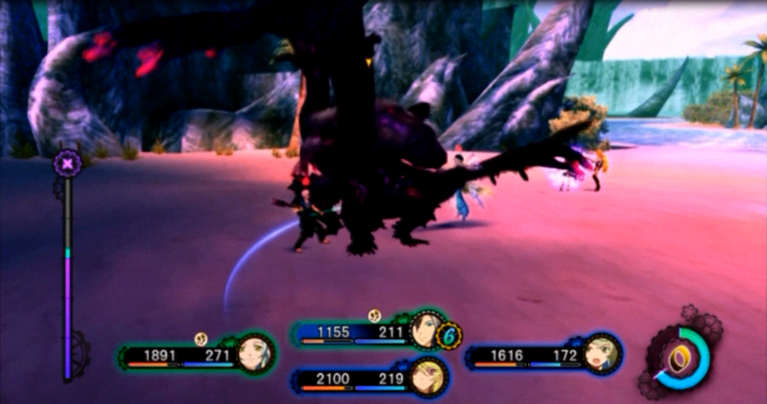 The party engage in battle with the Seafall Phantom, one of the main story bosses in "Tales of Xillia 2".