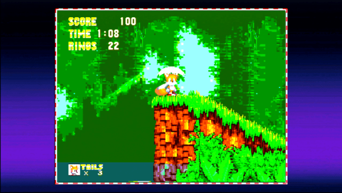 Tails can be seen here in "Angel Island Zone" from "Sonic the Hedgehog 3" with the level timer, current score, max lives and total rings collected displayed.