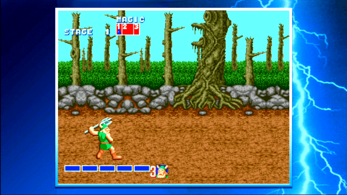 The "Golden Axe" series lets players choose one of several characters to play as. Note the side-scrolling gameplay with health and magic bars for players to keep an eye on in combat.