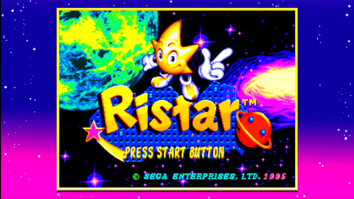The title menu for "Ristar," one of several platformer games available in the "SEGA Mega Drive Ultimate Collection."