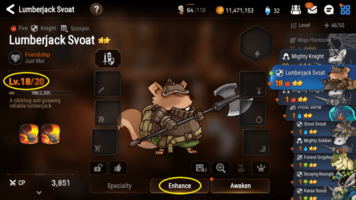 Hero Details Screen - note that before your hero is max level, you have the option to Enhance your hero by consuming other heroes to gain experience