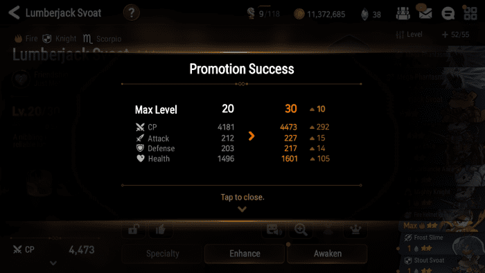 Promoting a hero increases its max level by 10 and increases its stats. Note that this screen will not be shown when promoting phantasma.