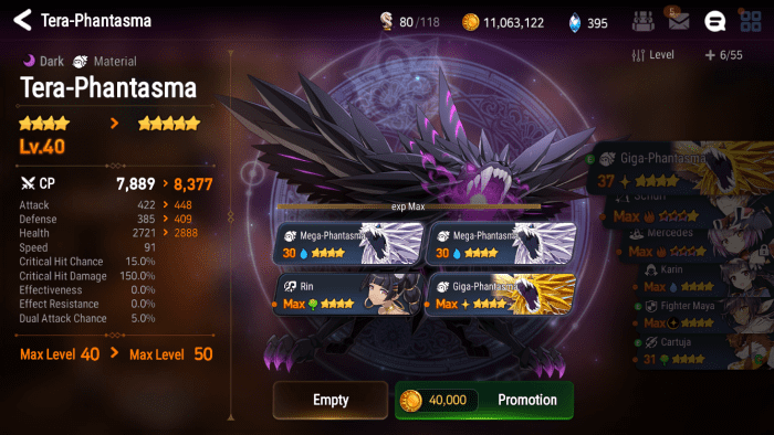 Promoting a 4-star Tera-Phantasma to 5 stars. Note: this is for demonstration purposes only, do not use 4-star heroes or max level heroes as fodder.