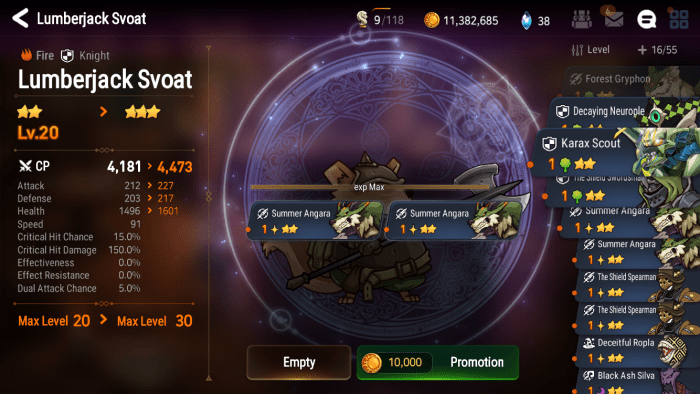 Hero Promotion Screen showing 2 2-star units being consumed to promote a max level 2-star hero to 3 stars