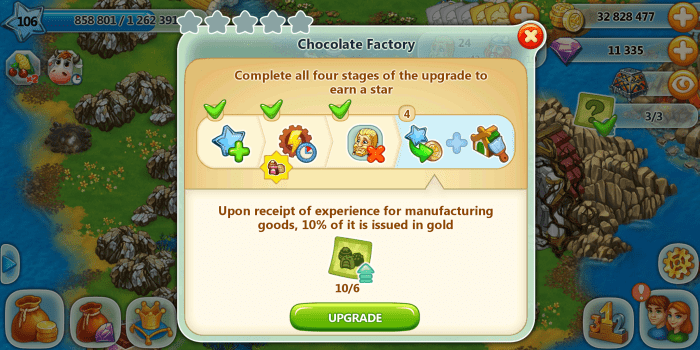 Early stages of building upgrades in "Harvest Land" only require tickets. As the game progresses it will require tickets and relics.