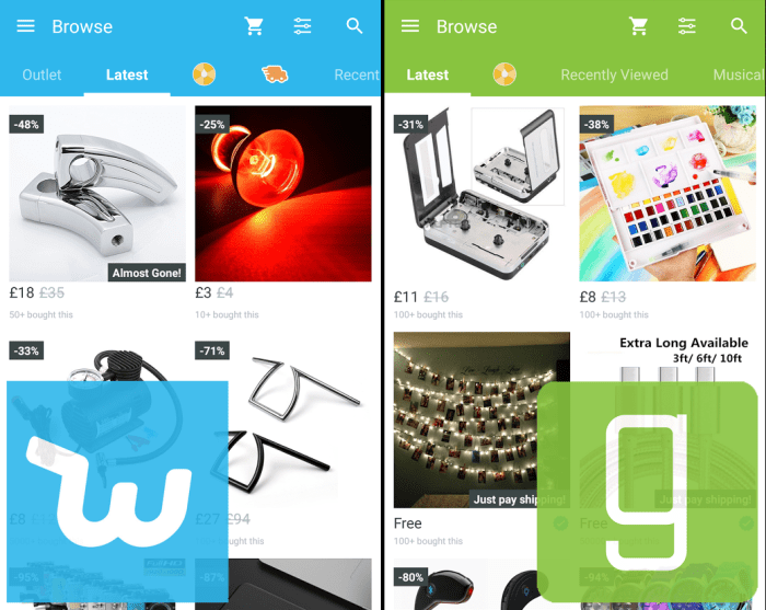 "Wish - Shopping Made Fun" (left) and "Geek - Smarter Shopping" are basically the same app with different colour schemes.