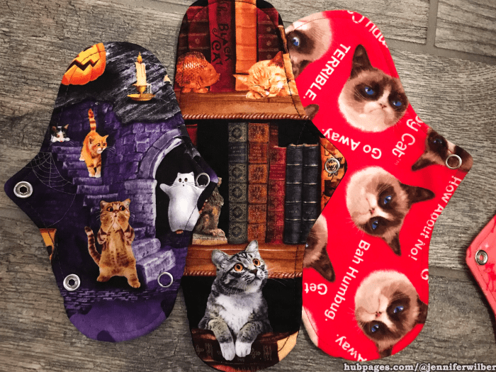 Party in My Pants cloth pads - thong liner in "Scaredy Cat," medium pad in "Cat's Cradle," and luxe liner in "Silent Majority." You won't be a grumpy cat with these pads!