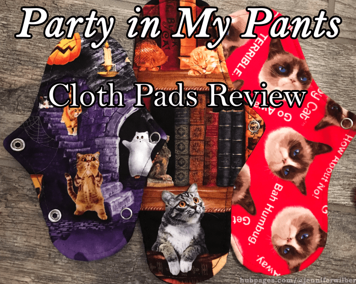Party in My Pants Cloth Pads. The tabby cat on the bottom left perfectly illustrates my initial reaction to the idea of reusable cloth menstrual pads.