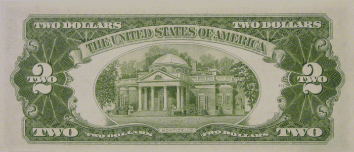 1953 Red Seal Two-Dollar Bill Reverse