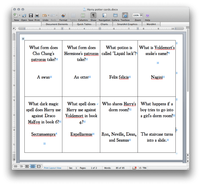This is the table we set up for our trivia cards. Trivial Pursuit-style cards would look quite different, with six questions on the front and the answers on the back.