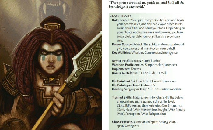 Classes each have their own unique traits, proficiencies, trained skills, build options and more, like the shaman.