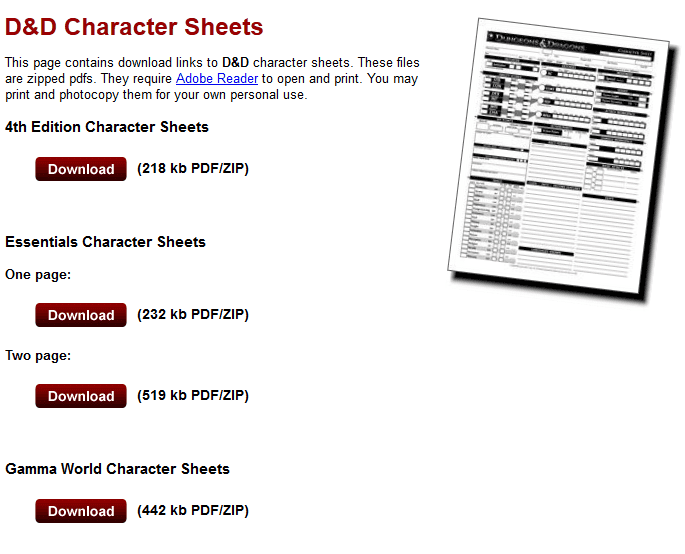 Wizards of the Coast provides free character sheets for download online.