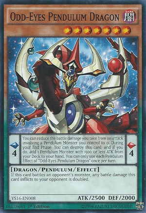 Odd-Eyes Pendulum Dragon. Pendulum cards are orange (yellow for non-effect monsters) on top and green on bottom.