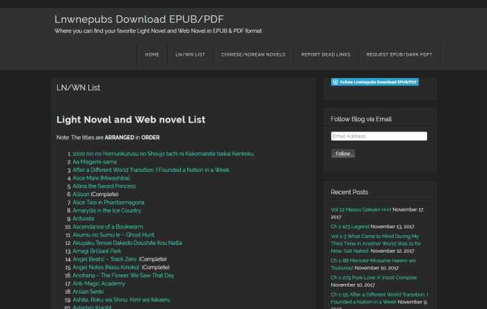 This page shows Lnwepubs' list of available light and web novels.