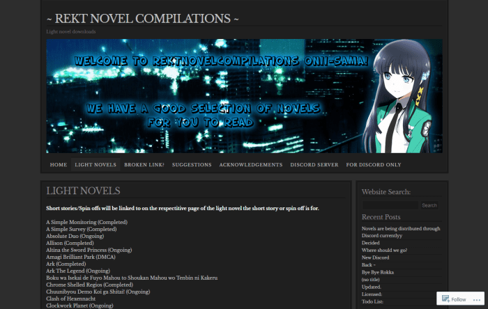 This is Rekt Novel Compilations' light novel list page.
