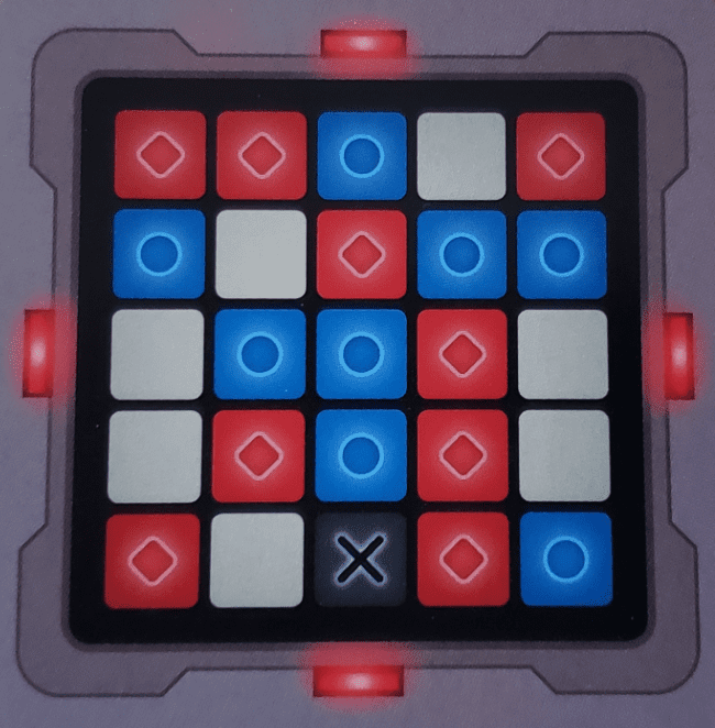 This is what the spymaster stares at all game long: a key card. This shows the red team's words, the blue team's words, the bystanders (beige) and the assassin (black).